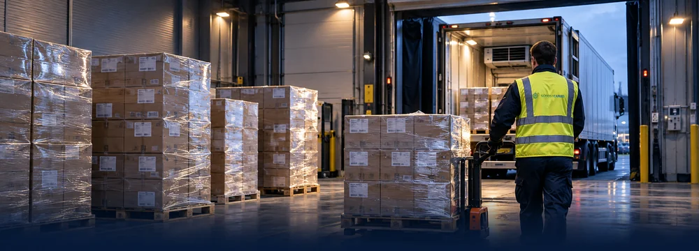 Lagermitarbeiter prüft gesicherte Pharma-Paletten im Lkw