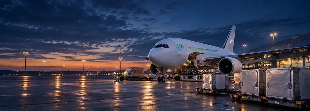Südost Cargo Frachtflugzeug wird in der Abenddämmerung mit temperaturgeführten Pharma-Containern beladen