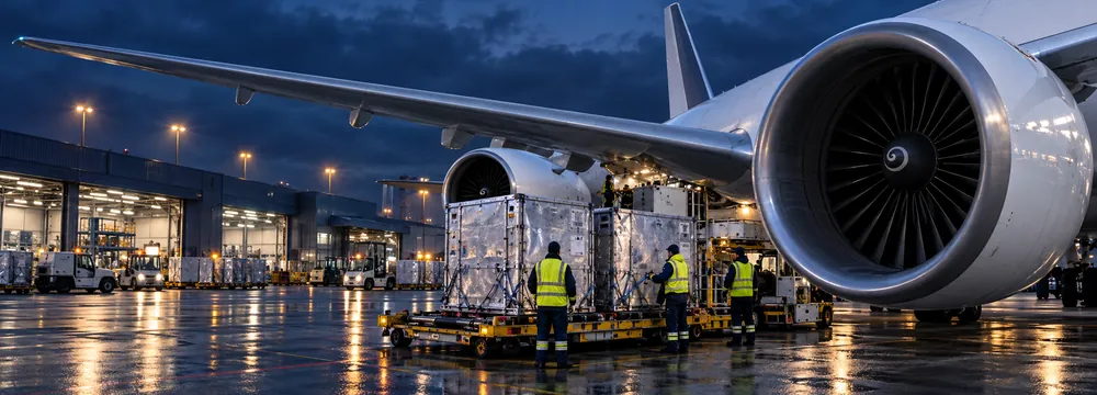 Mitarbeiter beim Airport Handling von Pharma-Containern unter der Tragfläche eines Frachtflugzeugs
