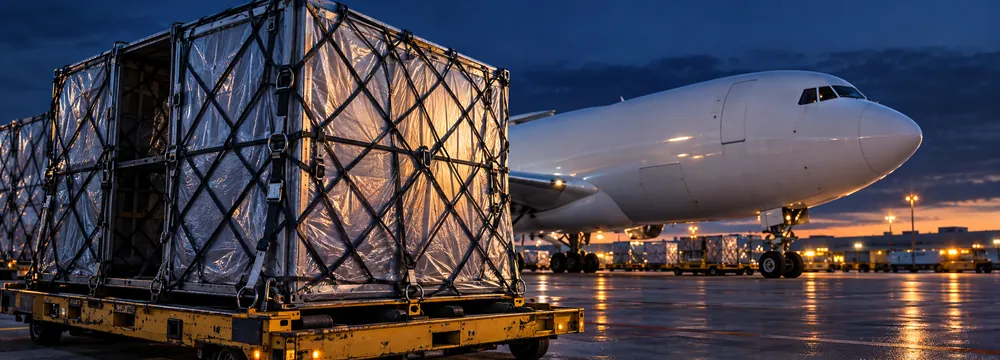 General-Cargo-Luftfrachtpaletten vor einem Frachtflugzeug am Flughafen