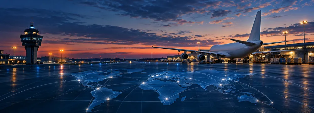 Flughafen-Vorfeld in der Abenddämmerung mit Tower, Frachtflugzeug und eingeblendetem Routennetz