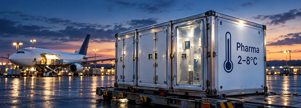 Temperaturgeführter Pharma-Container für 2–8 °C auf dem Vorfeld vor einem Frachtflugzeug