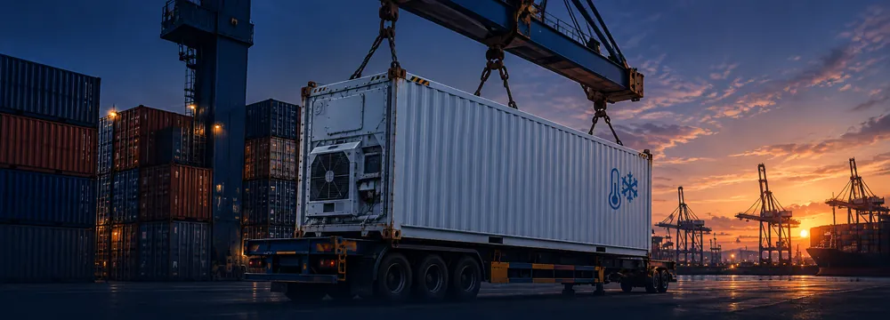 Kühlcontainer wird im Hafen per Kran verladen