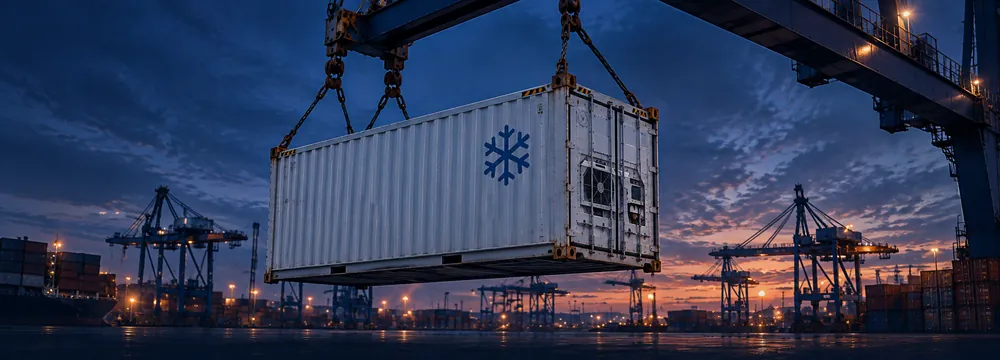 Container werden im Hafen bei Sonnenuntergang verladen