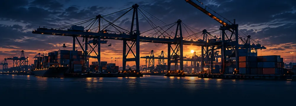 Containerhafen mit Kränen in der Abenddämmerung