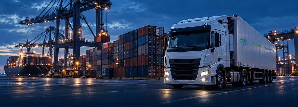Lkw mit Container im Hafen für Vor- und Nachlauf